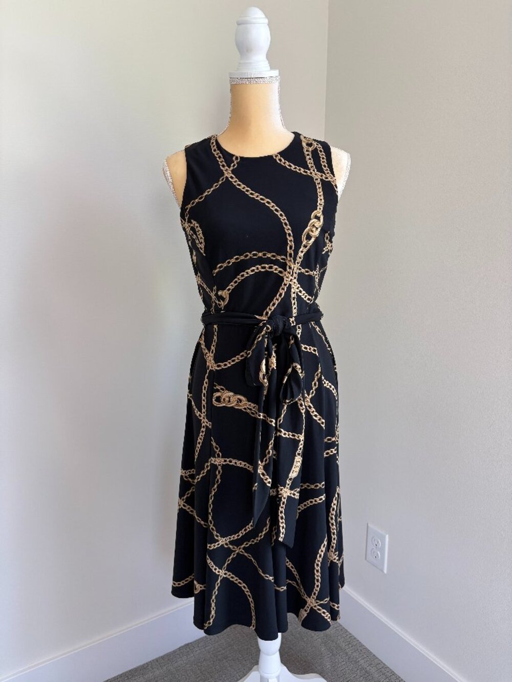 NEW Lauren Ralph Lauren Sz 6 Black Gold Chain Print Belted Midi Dress Sleeveless
